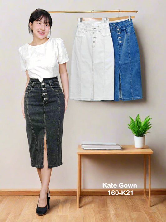 Trendy Denim Split Hem Midi Skirt 160-K21 by Kate Gown