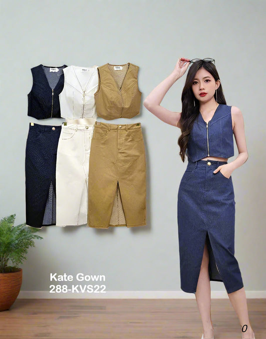 Trendy Denim V-Neck Vest and Skirt Set 288-KVS22 by Kate Gown