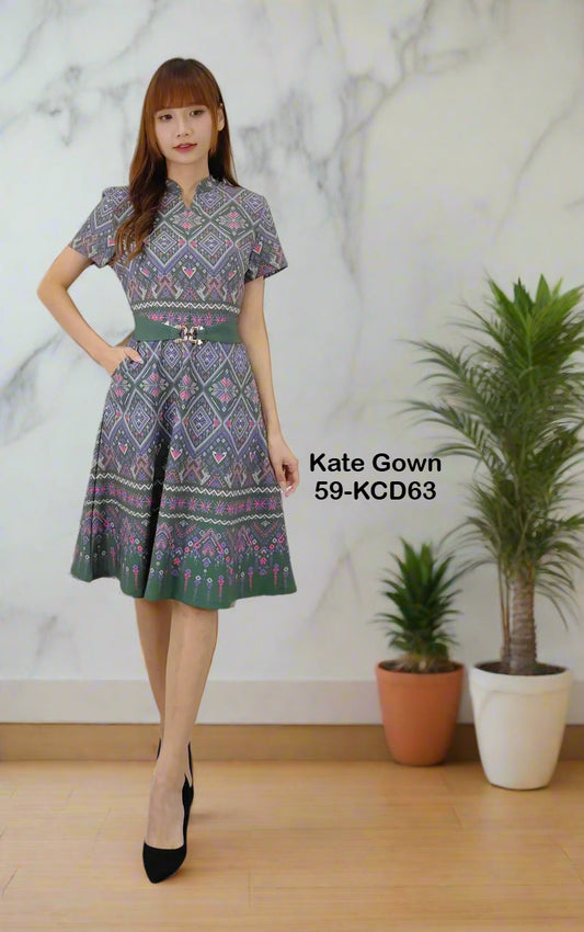 Elegant Vintage V-Neck Batik Office Dress 59-KCD63 by Kate Gown