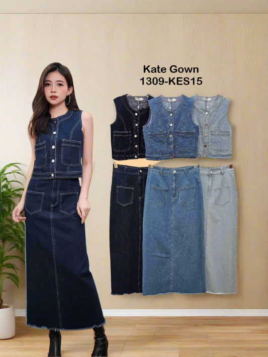 Chic Sleeveless Denim Maxi Skirt Set 1309-KES15 by Kate Gown
