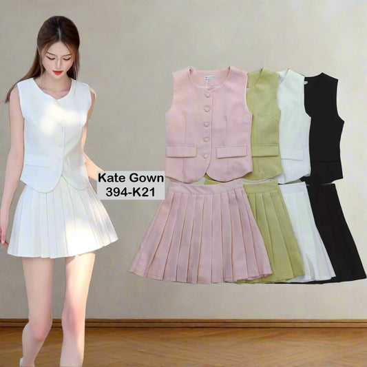 Elegant French Tweed Pleated Skorts Set 394-K21 by Kate Gown