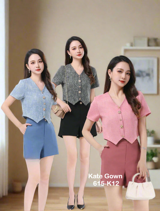 Premium Tweed V-Neck Buttoned Set Wear  615-K12 by Kate Gown