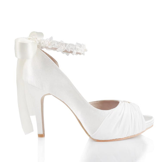 Adalee Ivory White Satin Chiffon With Lace Strap Wedding Shoes
