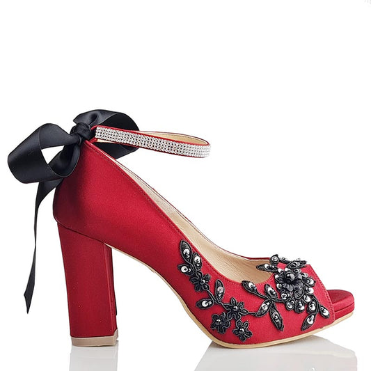 Bebe Wine Red With Black Lace & Diamante Wedding Shoes