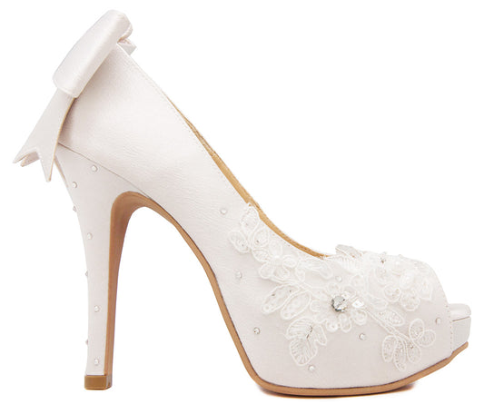 Chloe Ivory White Satin With Lace & Swarovski Rhinestone Wedding Shoes