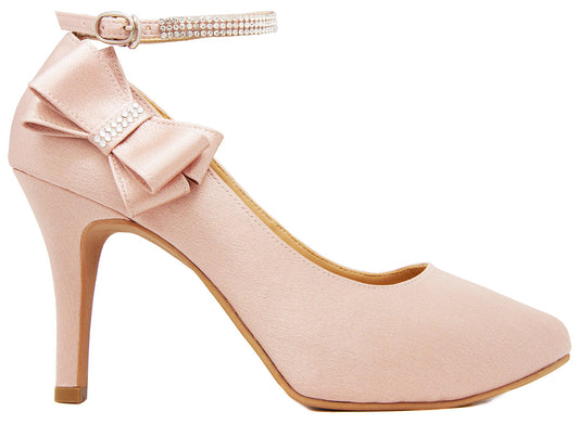 Carmen Nude Pink Satin With Swarovski Bow & Diamante Wedding Shoes