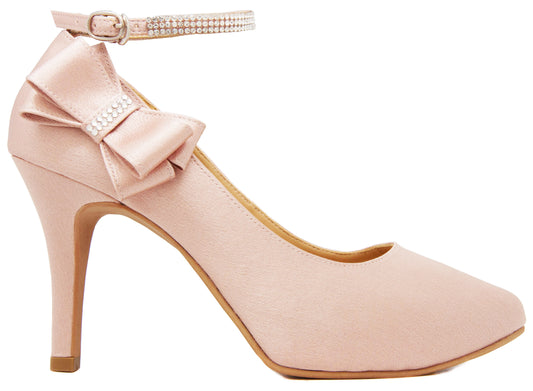 Carmen Nude Pink Satin With Swarovski Bow & Diamante Wedding Shoes (Custom Made)