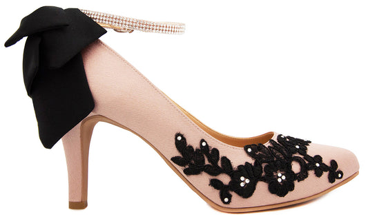 Isabel Nude Pink Satin With Black Bow And Lace Wedding Shoes