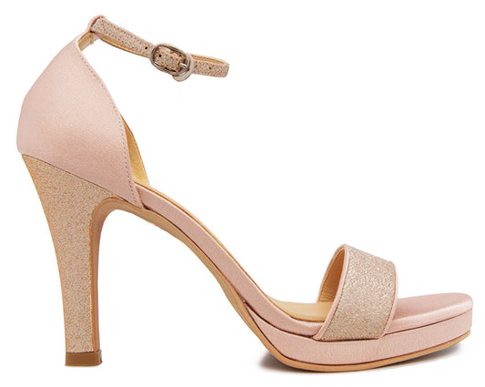 Flavia Nude Pink Satin With Rose Gold Glitter Wedding Sandals