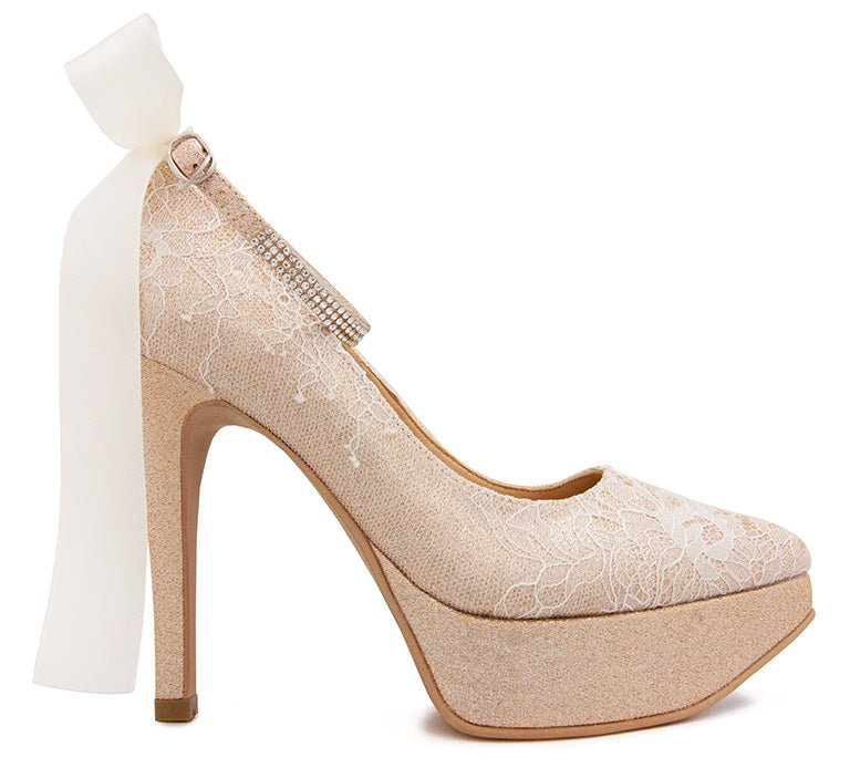 Lyna Rose Gold Glitter With White Lace & Diamante Wedding Shoes