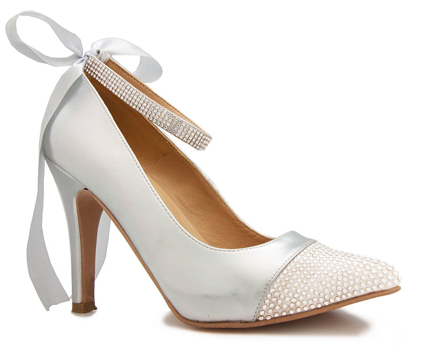 Belindle Silver Metallic With Diamante Ribbon & Swarovski Rhinestone Wedding Shoes