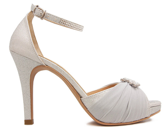 Caneley Silver Glitter With Chiffon & Buckle Wedding Sandals