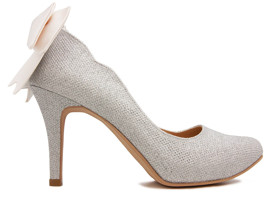 Lorraine Silver Glitter With Ivory White Satin Bow Wedding Shoes