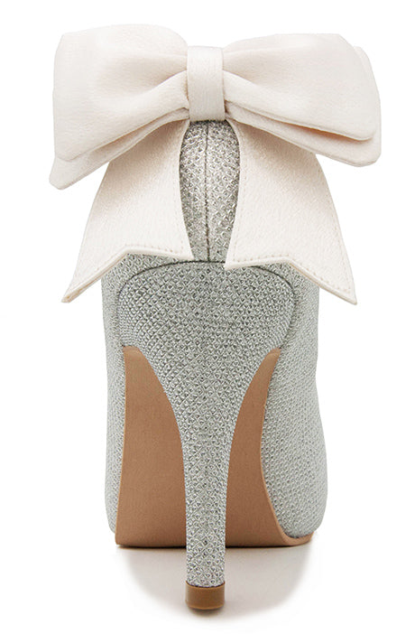 Lorraine Silver Glitter With Ivory White Satin Bow Wedding Shoes