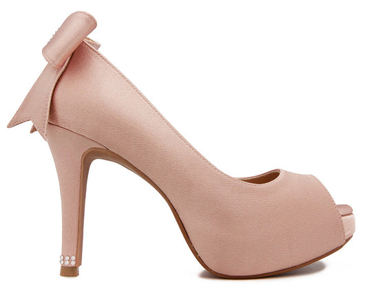 Eliza Nude Pink Satin With Bow & Swarovski Wedding Shoes