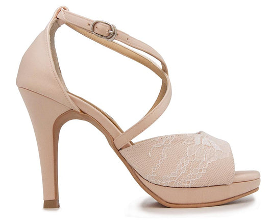 Carey Light Beige Satin With Lace Wedding Sandals
