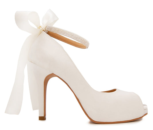 Ivy Ivory White Satin With Diamante Ribbon Strap Wedding Shoes (Custom Made)