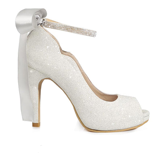 Freya Silver Glitter With Diamante Ribbon Strap Wedding Shoes