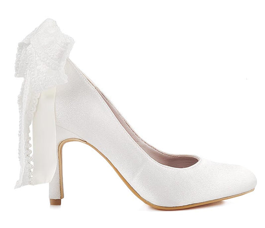 Isabella Ivory White Satin With Lace Bow Wedding Shoes