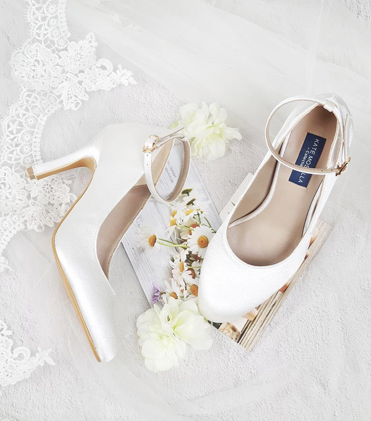 Tiffany Ivory White Satin Wedding Shoes – Kate Mosella and Kate Gown