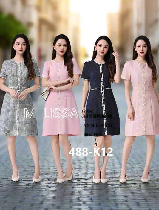Elegant Round Neck Tweed OL Dress 488-K12 by Kate Gown
